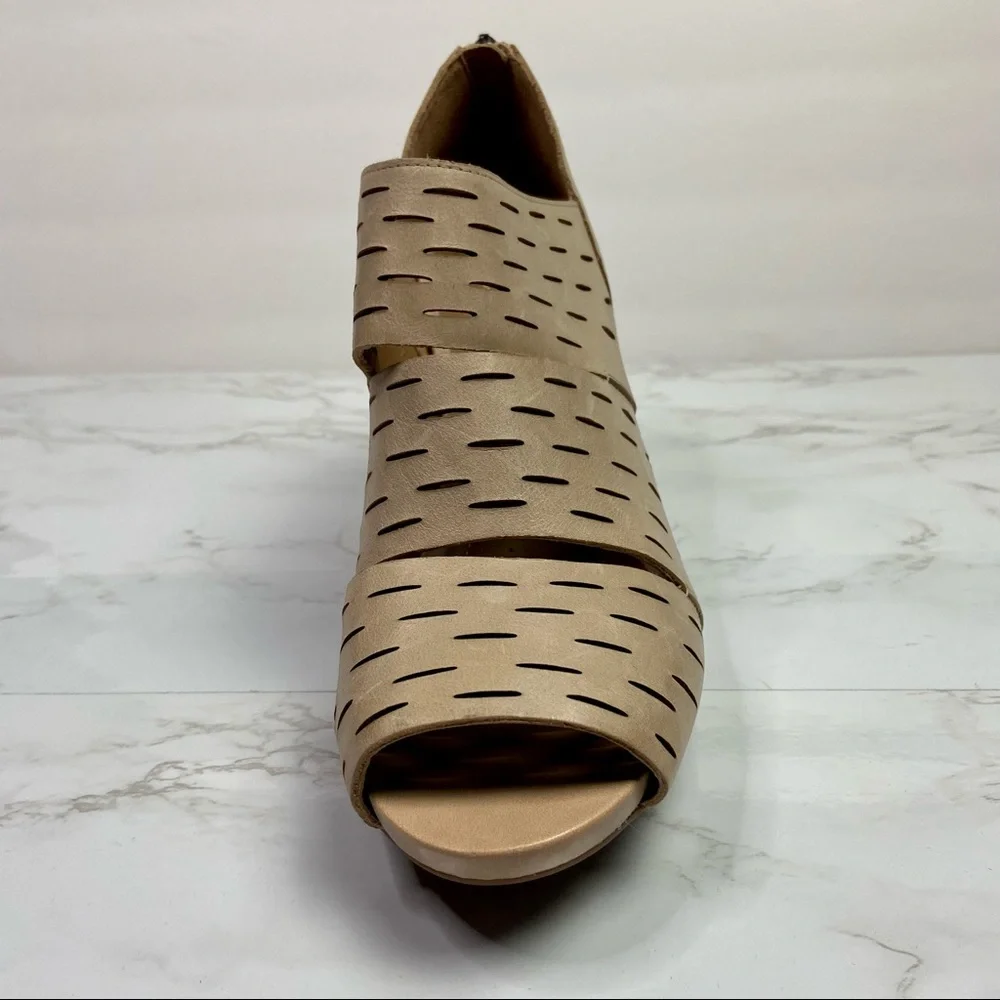 Beige Peep-Toe Cutout Block Heel Bootie